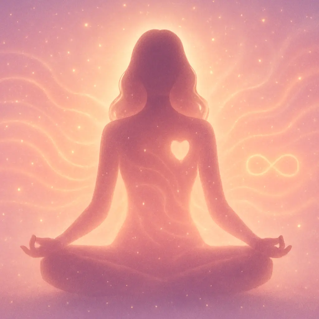 Woman meditating in glowing pink and golden aura, representing feminine frequency, abundance, and manifestation energy.
