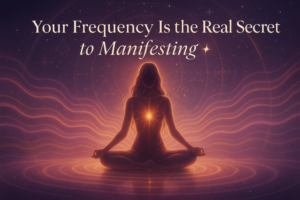 Feminine silhouette meditating on glowing crystal floor with radiant energy waves — Her Dream Codes frequency manifestation blog image