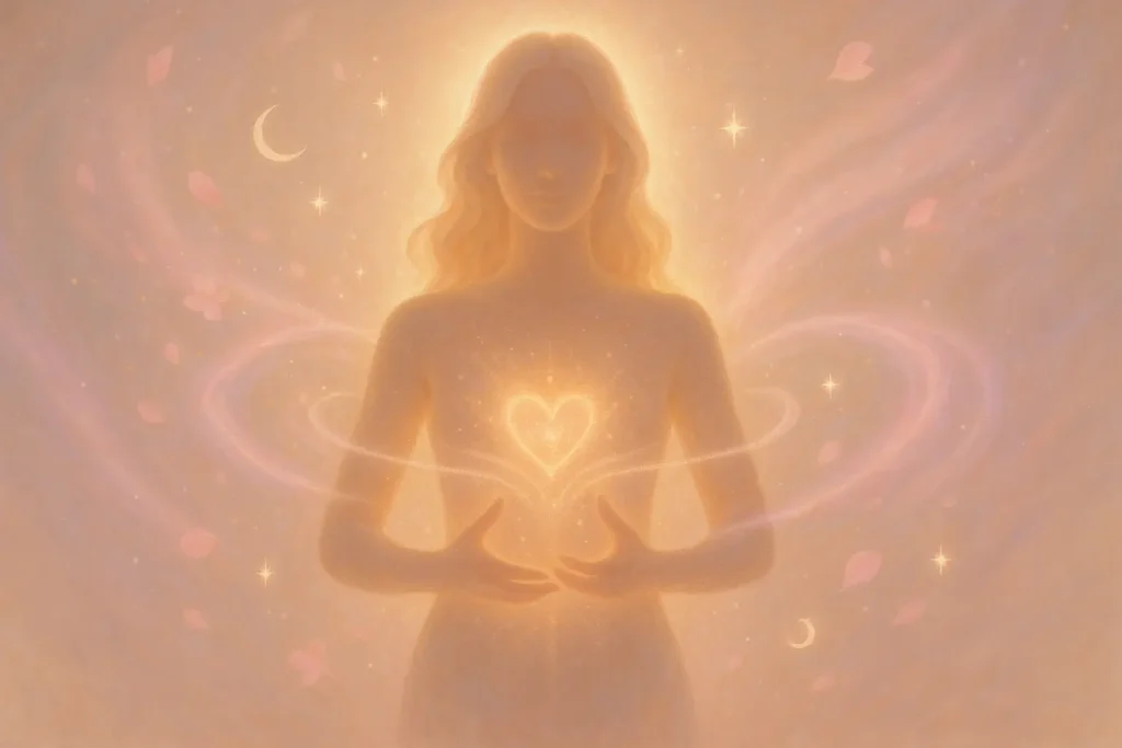 A radiant feminine silhouette surrounded by glowing pink and lavender energy waves, symbolizing divine feminine magnetism and abundance alignment.
