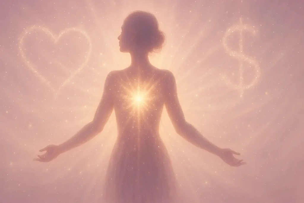A glowing feminine silhouette radiating golden magnetic energy from her heart, surrounded by soft pink light, sparkles, and symbols of love and abundance.