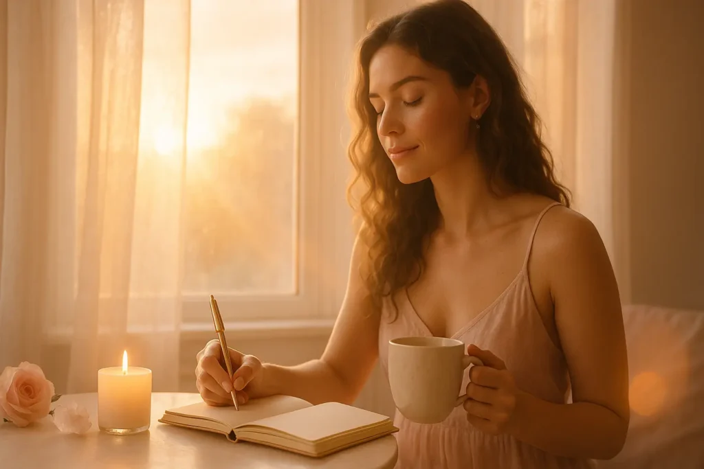 Woman journaling by sunrise window with candles and flowers, symbolizing feminine energy rituals and how to raise your vibration to manifest faster.
