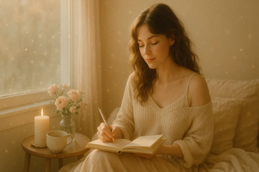 Soft feminine woman journaling by a sunlit window with warm pastel tones, flowers, and candlelight, symbolizing soft girl manifestation and gentle abundance energy.